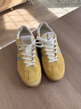 Gola Suede Sneakers in Mustard Yellow with Light Blue Stripes